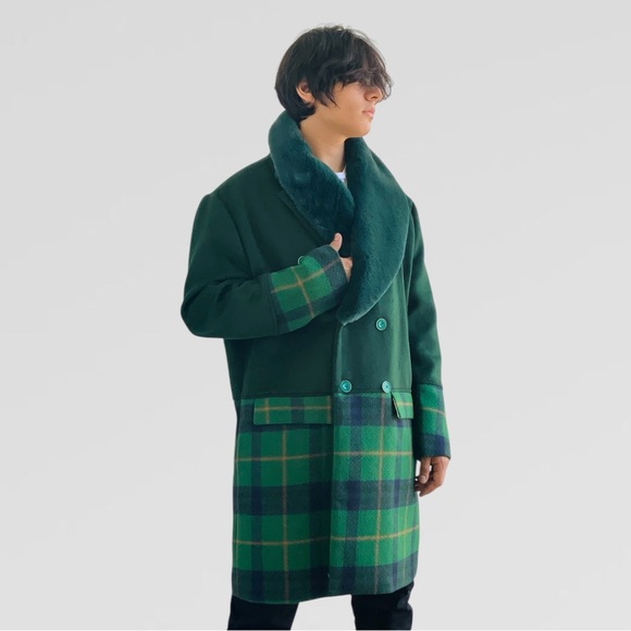 Men's Manzini Solid Green | Plaid Faux Fur Casual Overcoat NWT - Picture 5 of 9